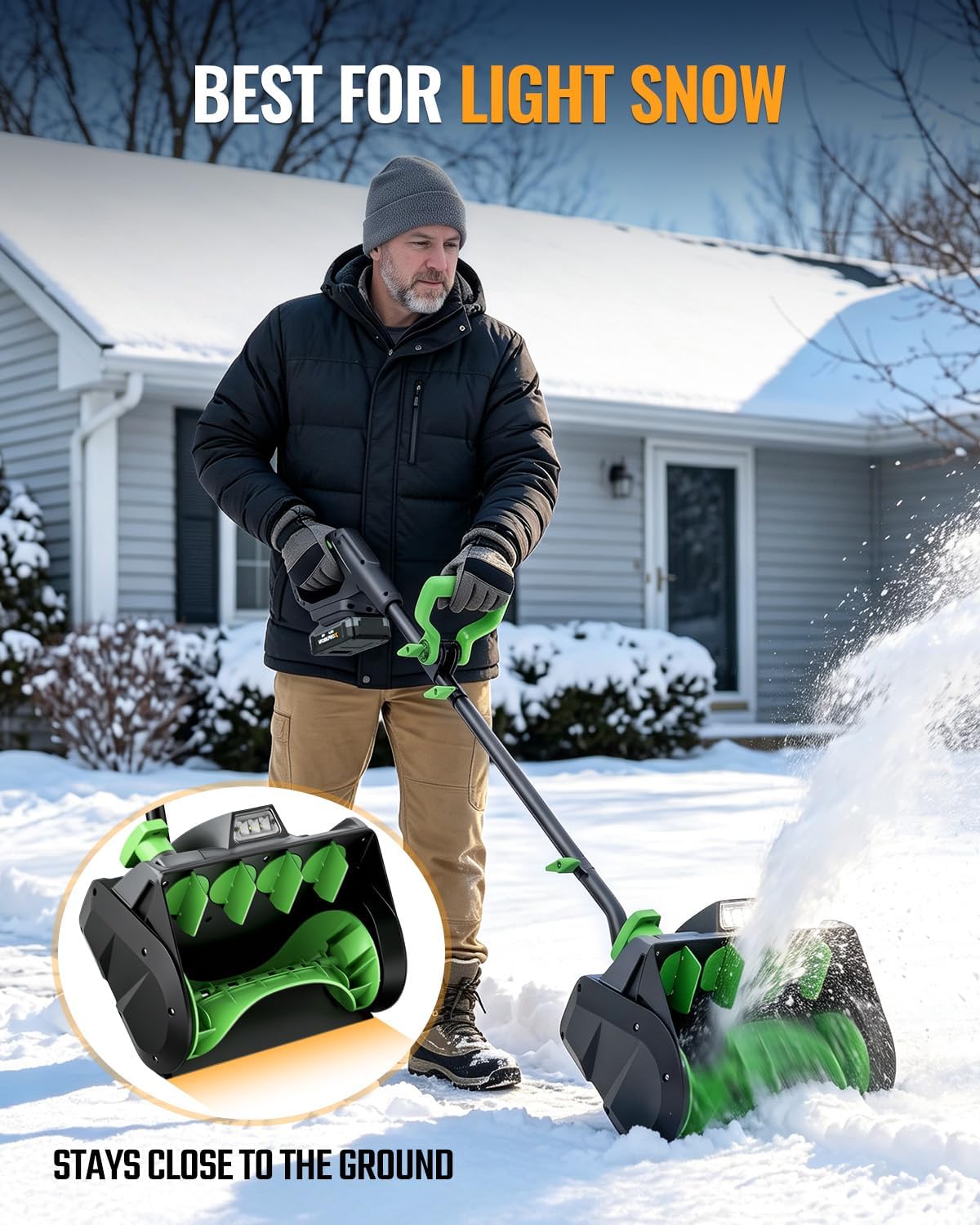 Workprox cordless snow shovel in black and green with close to the ground clearing for snowy driveways.