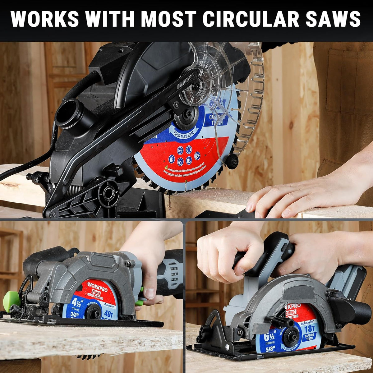 WORKPRO circular saw blade installed on a saw, with red-and-blue blade label