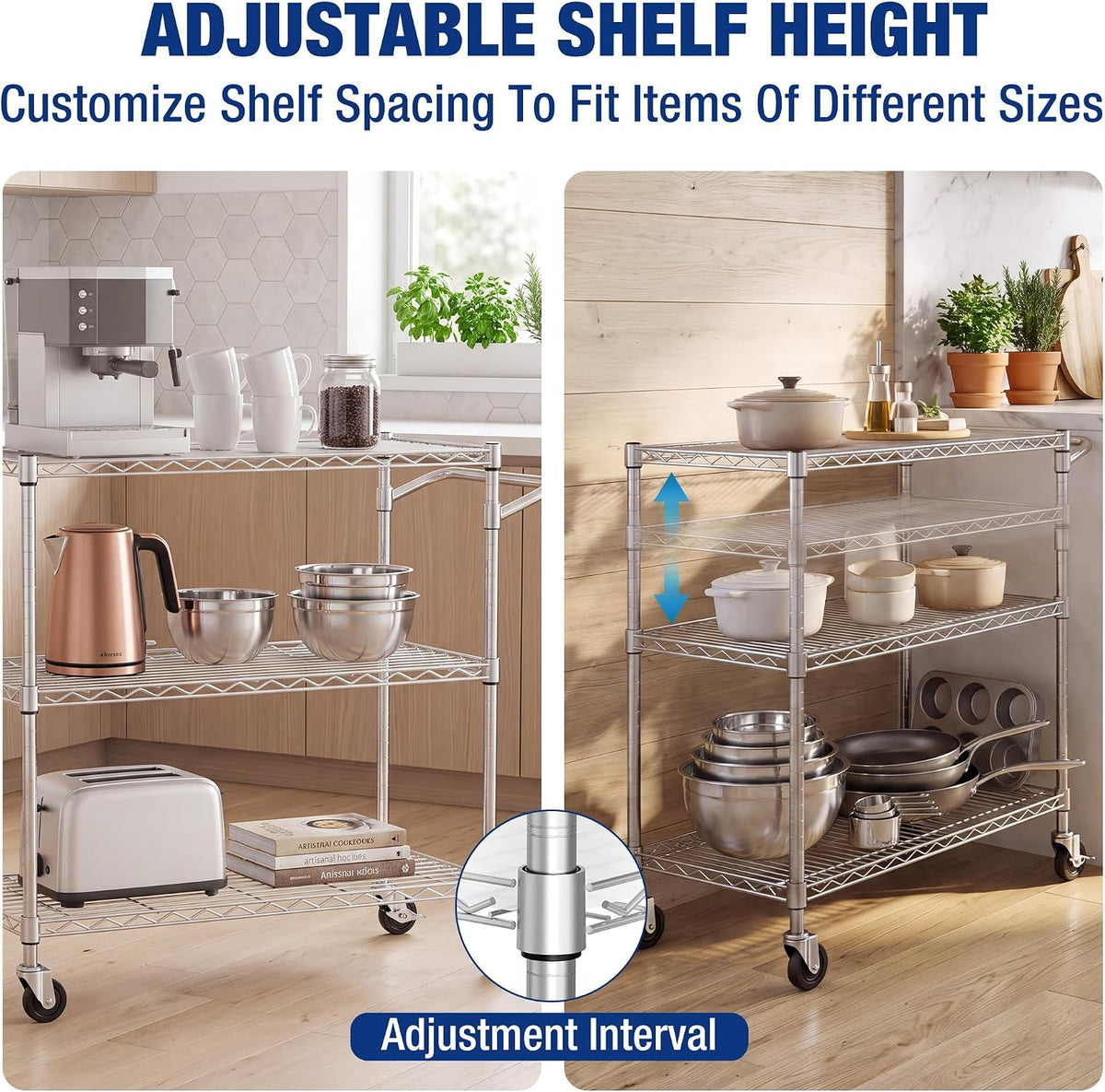 Workpro 40 inch 3-tier utility cart with adjustable shelves, silver wire construction and four caster wheels for convenient