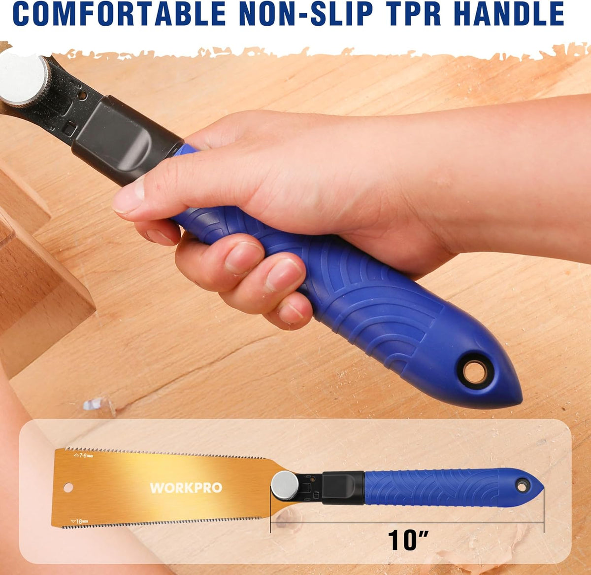 Japanese pull saw with blue TPR non-slip handle and black blade mount