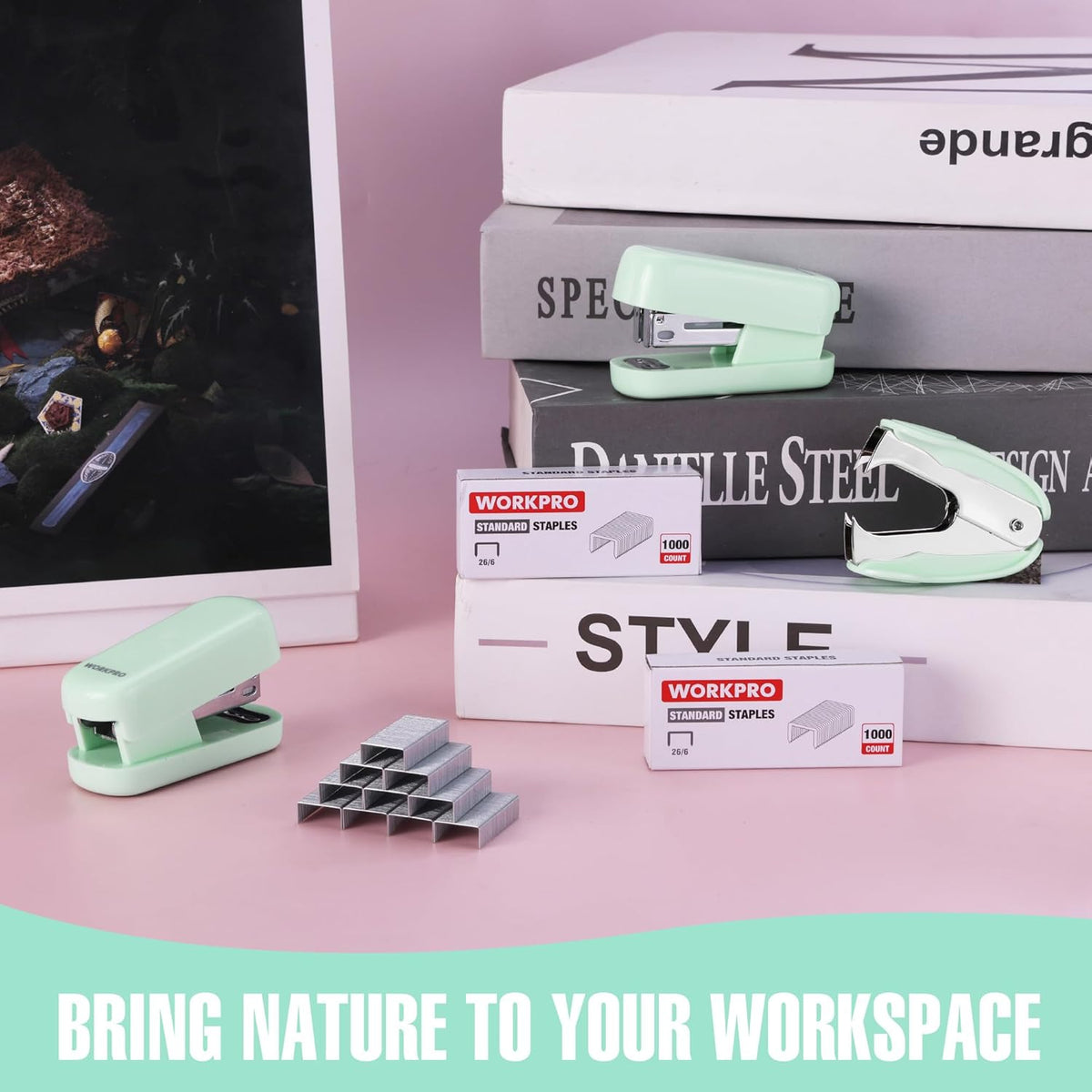 Green mini stapler on desk beside boxes of WORKPRO staples