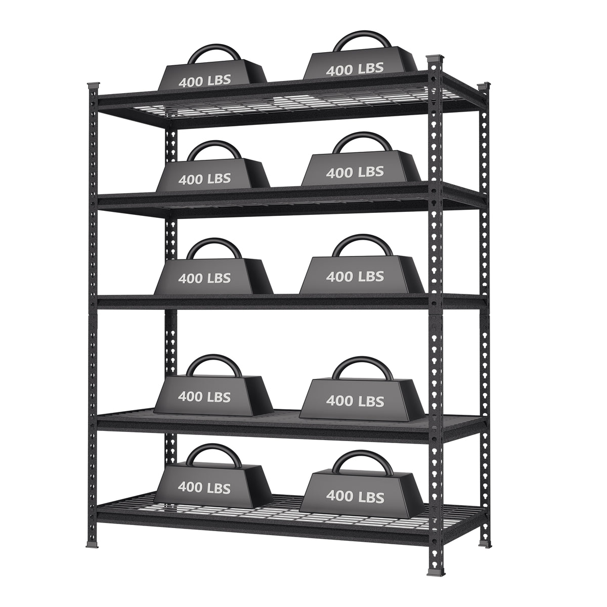 Black metal 5-tier storage rack with wire mesh shelves and 400 lbs load labels