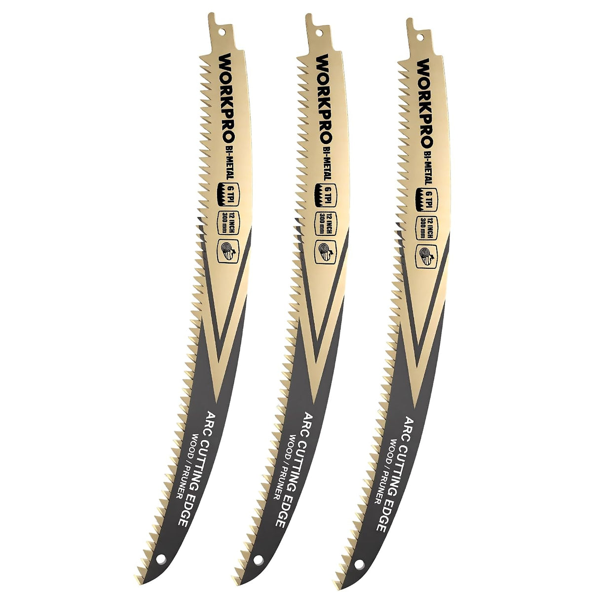 Workpro 12 inch arc edge bi-metal reciprocating saw blades, 3-pack with universal shank compatibility in gold and black.