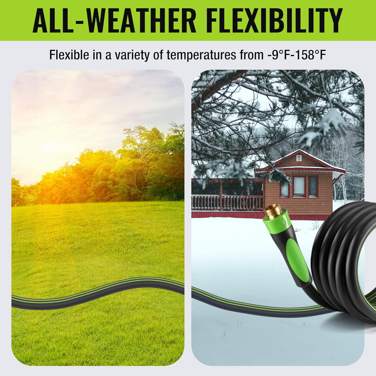 Garden hose with green accents and dark flexible tube, brass connector visible