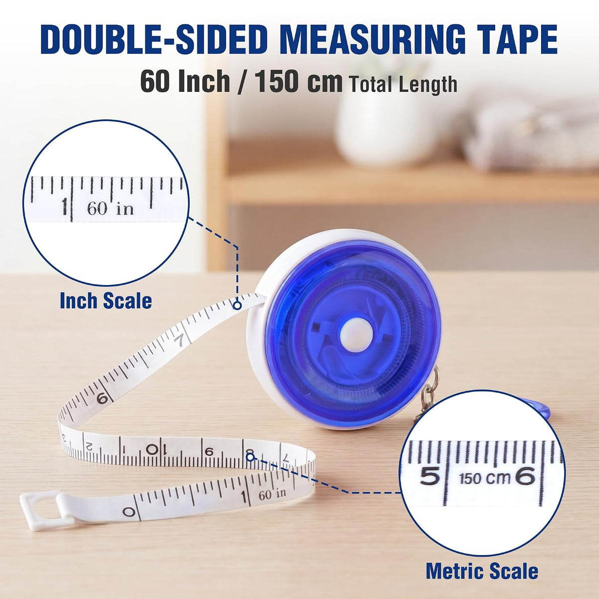 Dual-sided 60 in / 150 cm retractable measuring tape with inch and metric scales