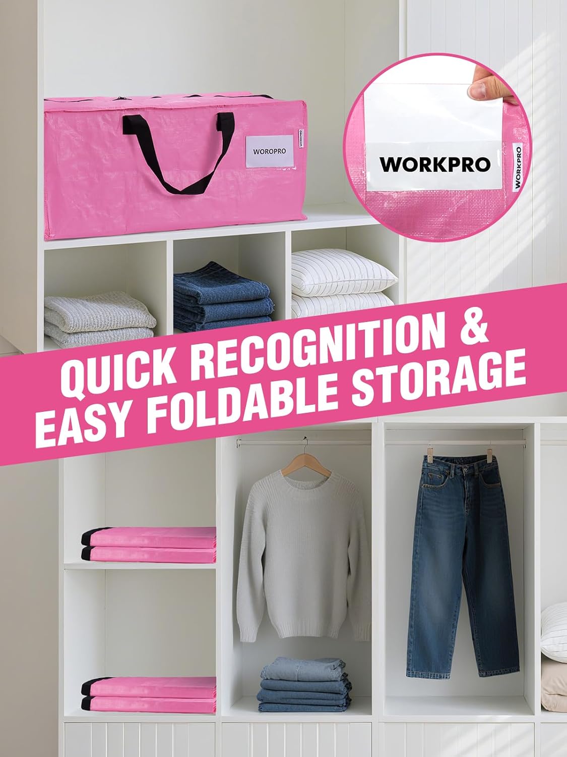 Pink foldable storage tote bag with black carry handles and small logo label