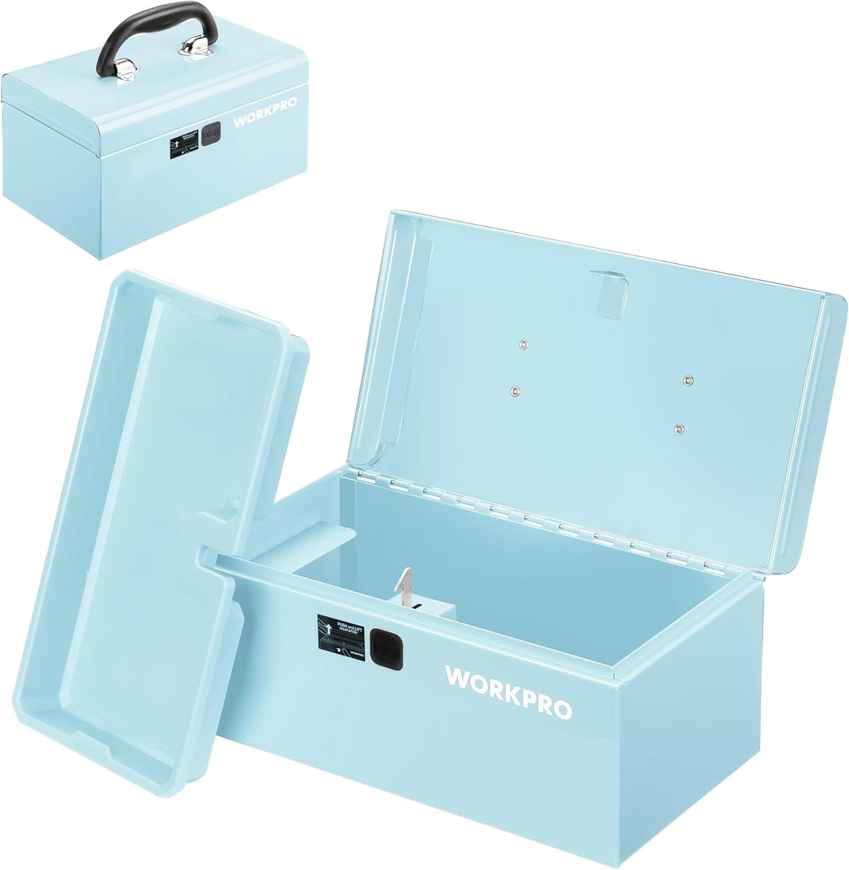 Light blue tool box with lid open and removable tray shown