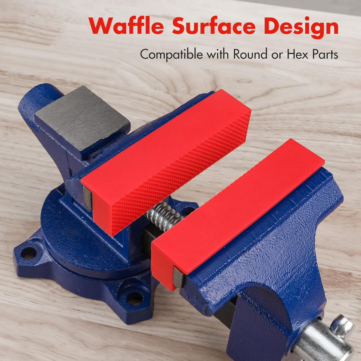 Vise jaw protective pads with red waffle surface inserts on blue clamp bodies