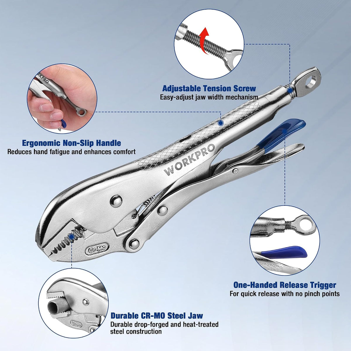 Workpro 10 inch straight jaw locking pliers in silver and blue with ergonomic non-slip handle and one-handed release trigger