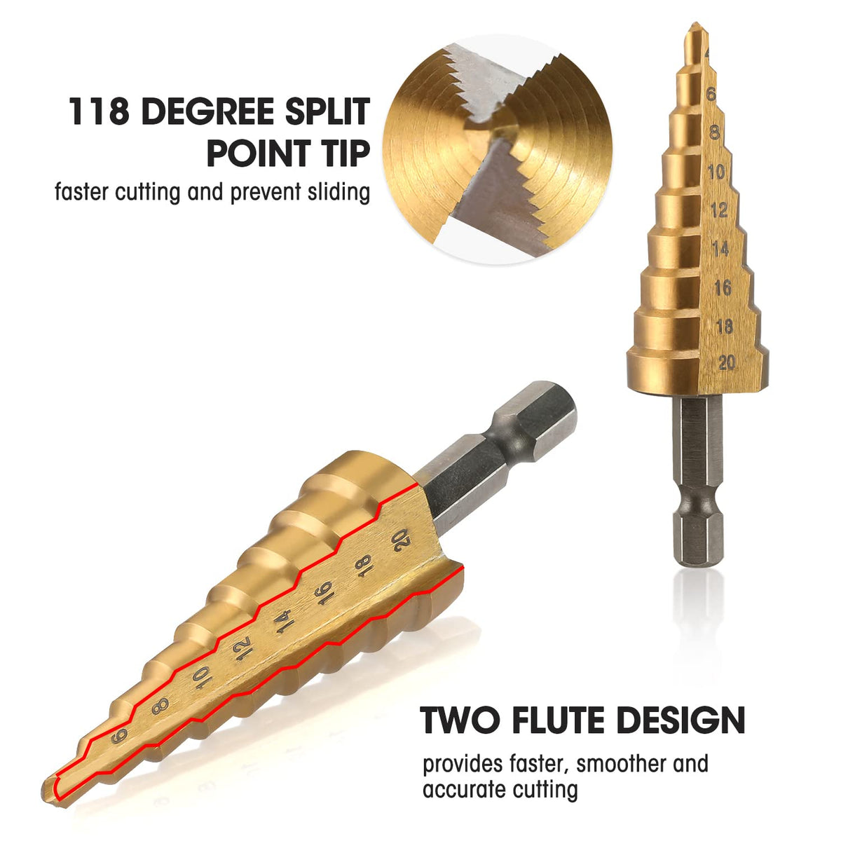 Gold step drill bits with split-point tips and two-flute cutting design