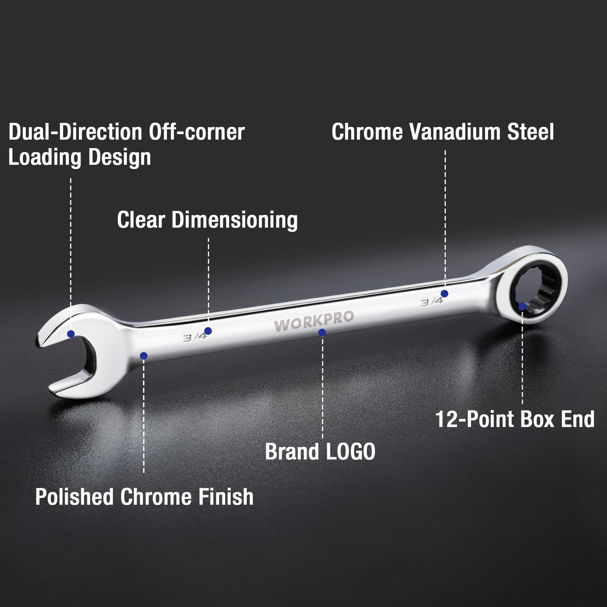 WORKPRO chrome ratcheting wrench with 12-point box end and dual-direction loading design