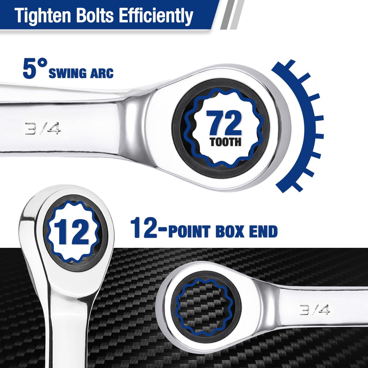 WORKPRO 12-point ratcheting wrench head with 72-tooth action and 5° swing arc