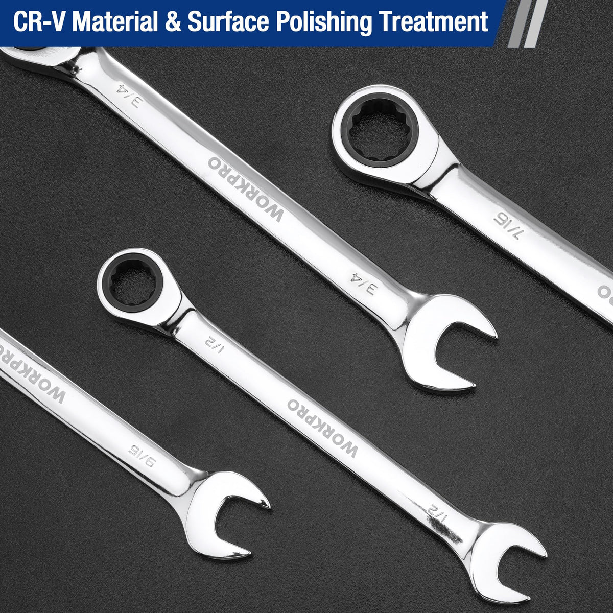 Two chrome ratcheting wrenches with 12-point box ends, multi-size SAE