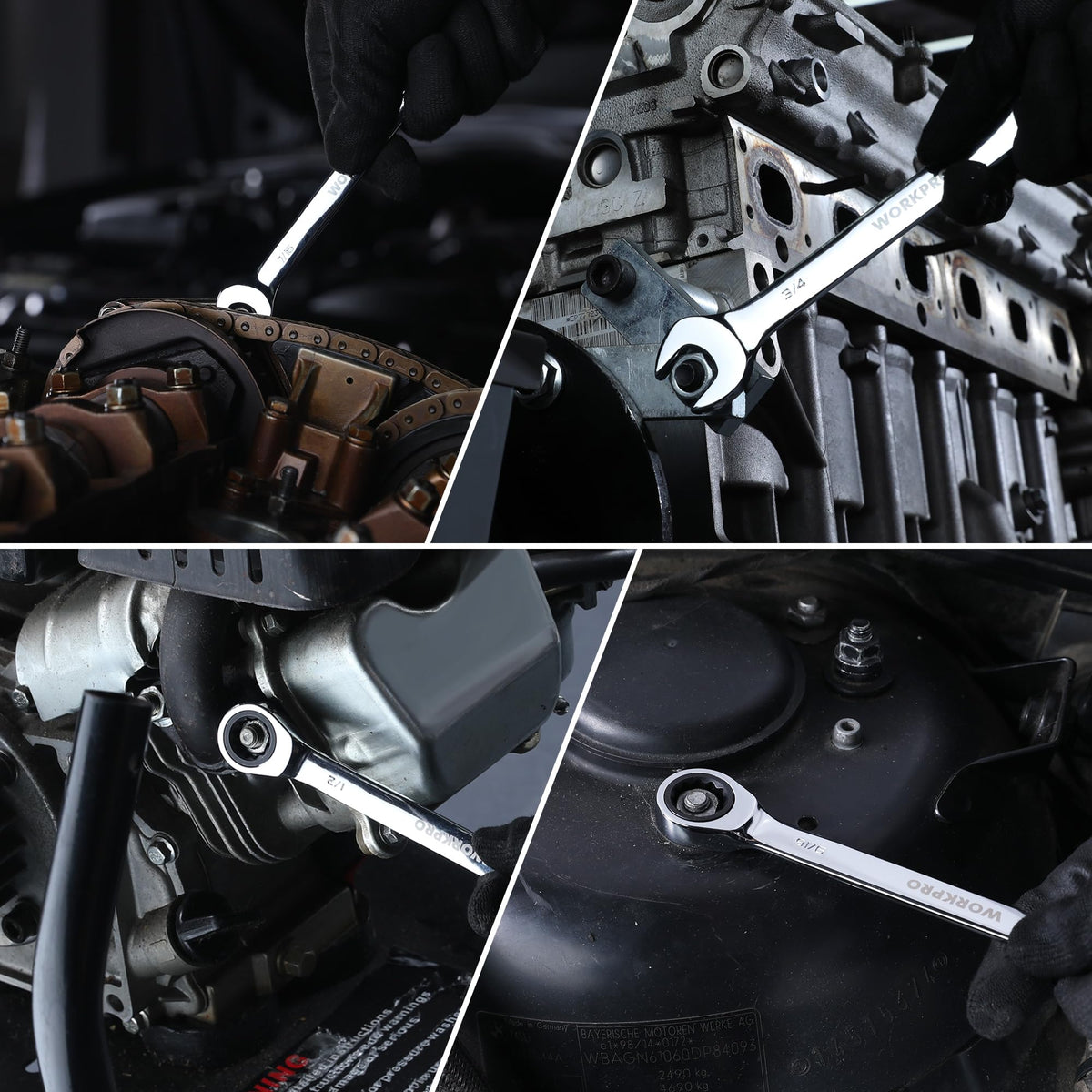 Chrome ratcheting wrench tightening bolts in engine compartment, multi-size
