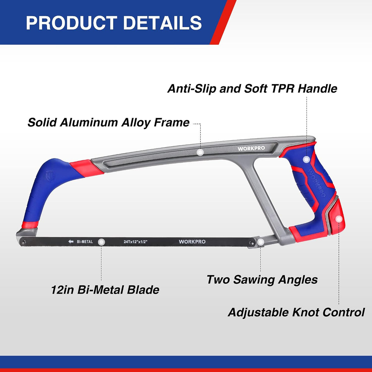 Workpro 12 inch hacksaw with extra bi-metal saw blades, red and blue handle with solid aluminum alloy frame