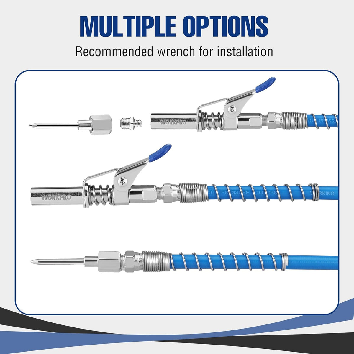 Grease gun coupler set with two blue hoses, spring clamps, and threaded fittings