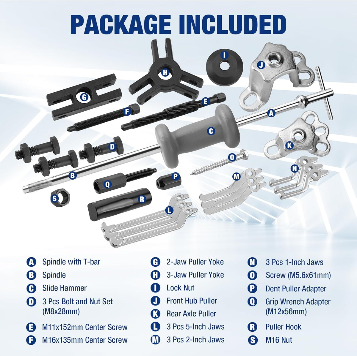 27-piece slide hammer bearing puller kit with jaws, yokes, screws, and adapters