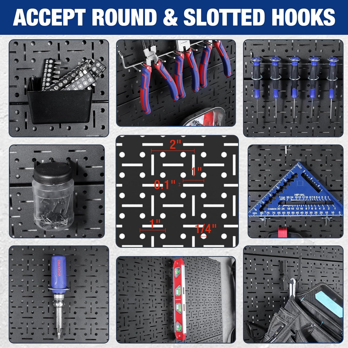 Black metal pegboard with round and slotted hooks, showing hole grid details