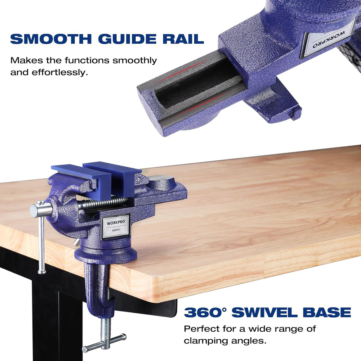 WORKPRO bench vise with extended throat and textured jaws, shown on workbench