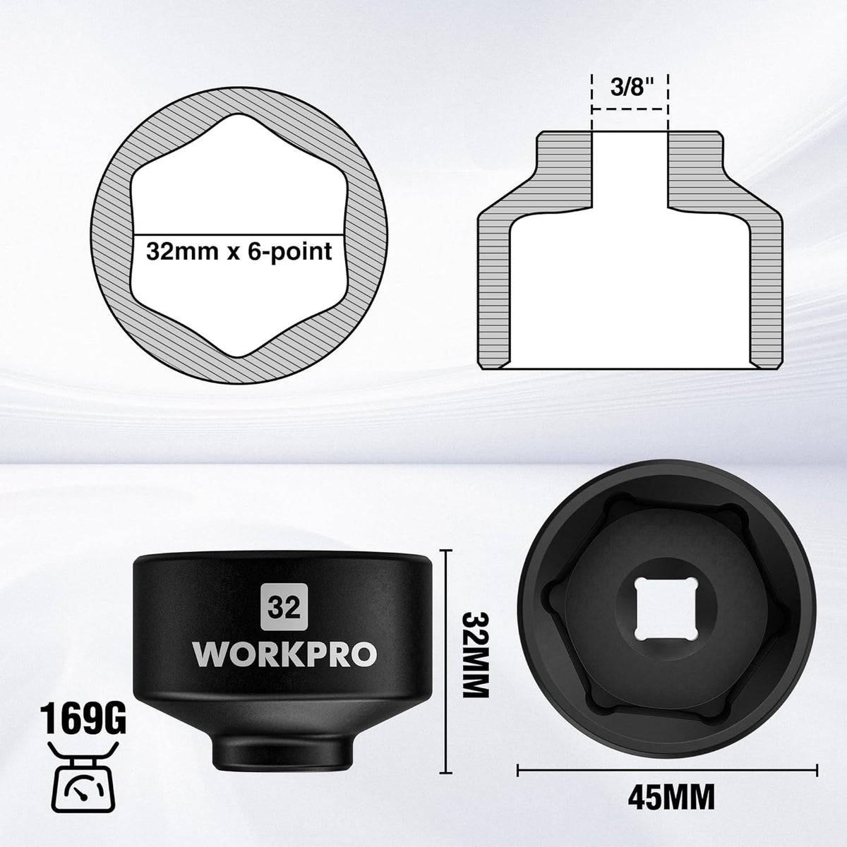 32mm WORKPRO oil filter socket wrench, 6-point hex, 3/8 in drive