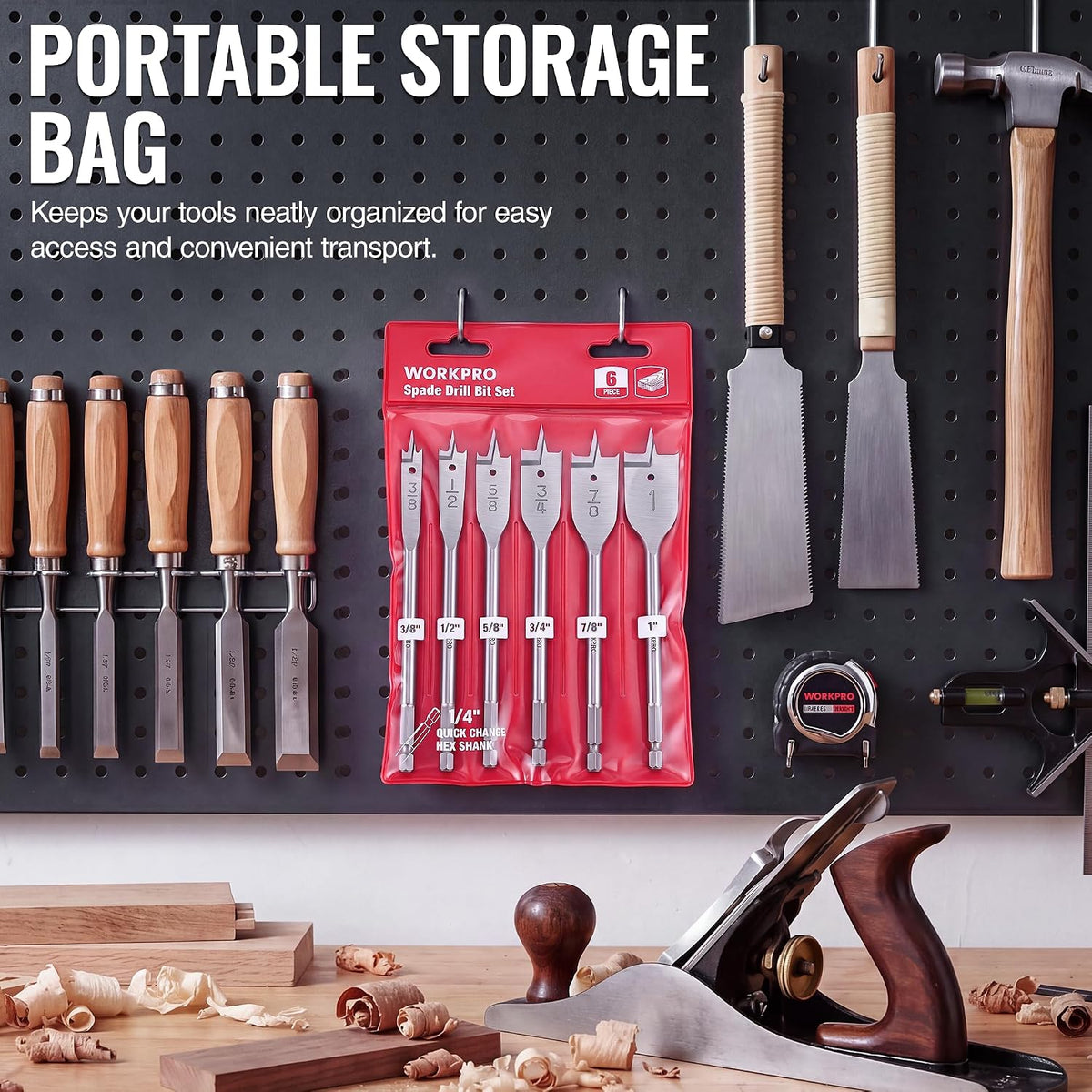 WORKPRO 6-Piece spade drill bit set with heat-treated medium carbon steel for durable, convenient drilling