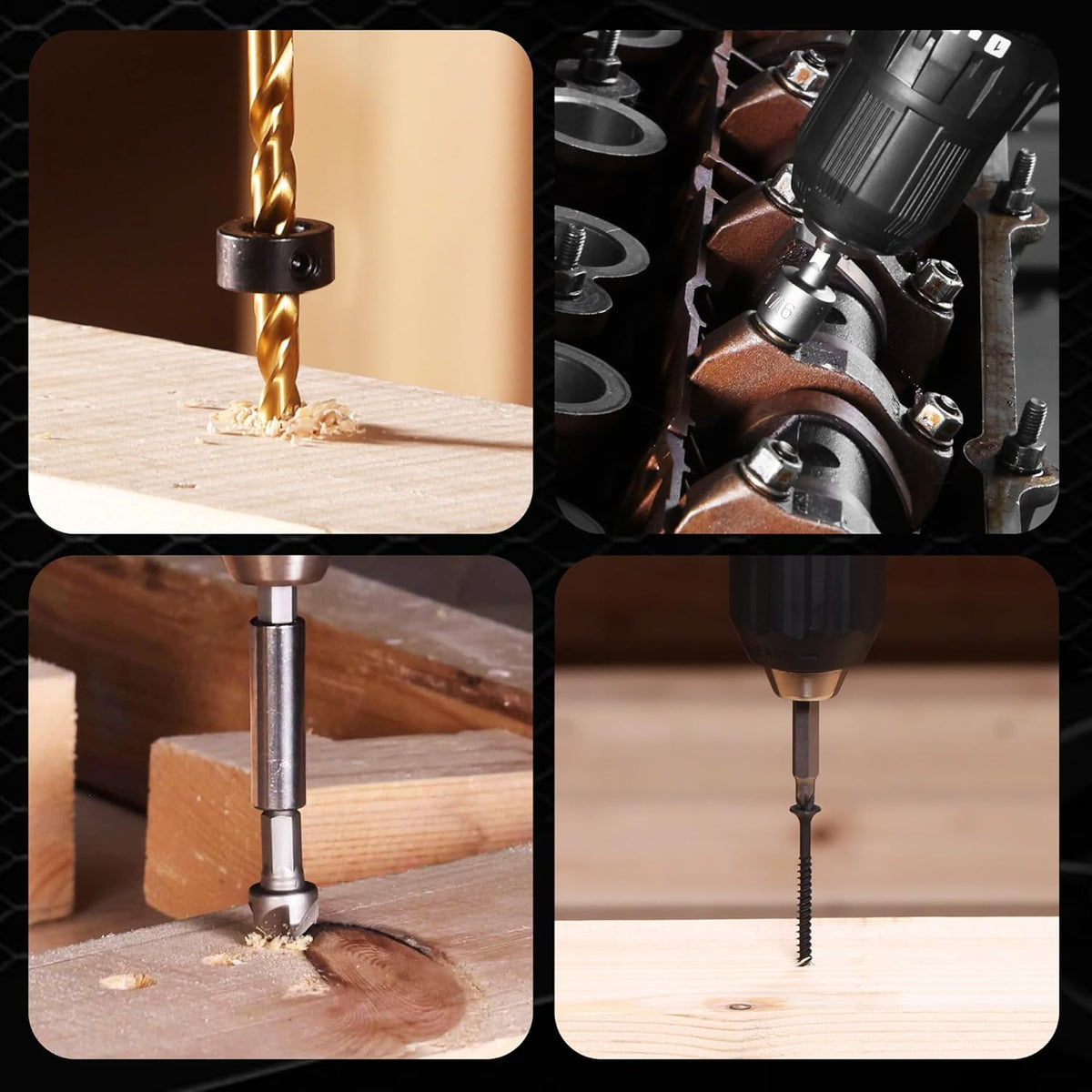 Drill bit set showing drilling into wood, metal, and concrete with different bits