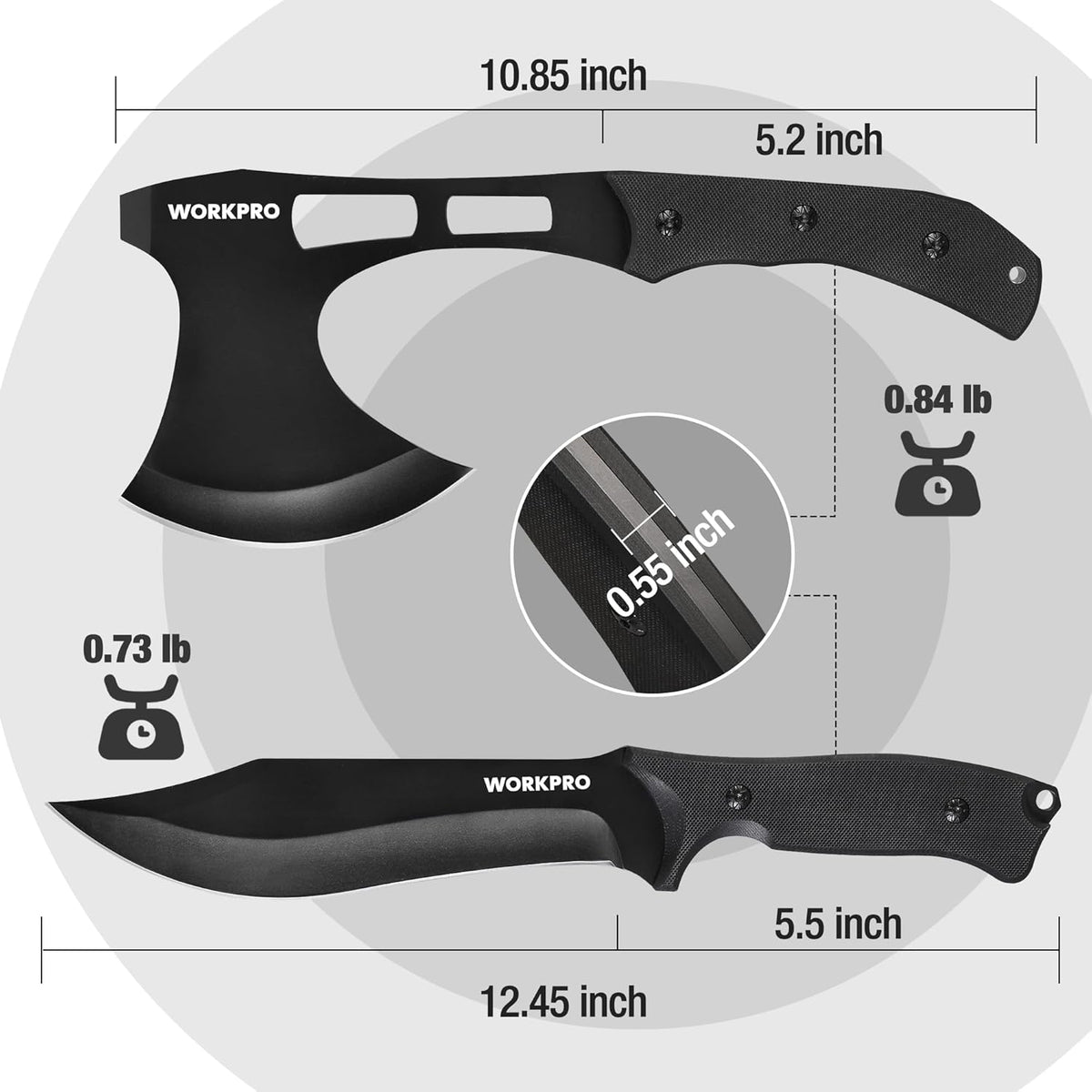 WORKPRO tactical hunting knife and hatchet axe set, black blades with sheaths