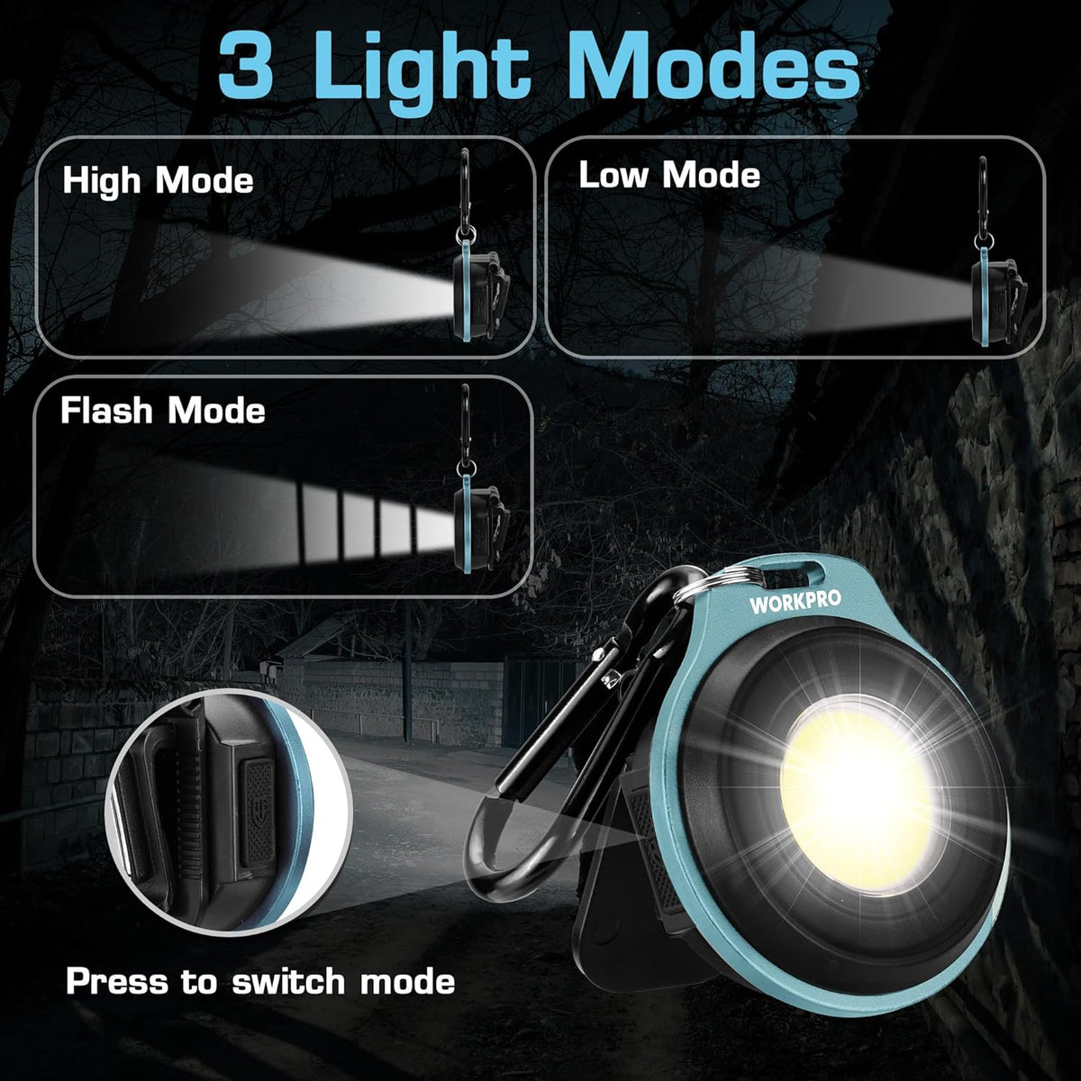 WORKPRO teal keychain flashlight with carabiner clip, bright round COB-style yellow lens