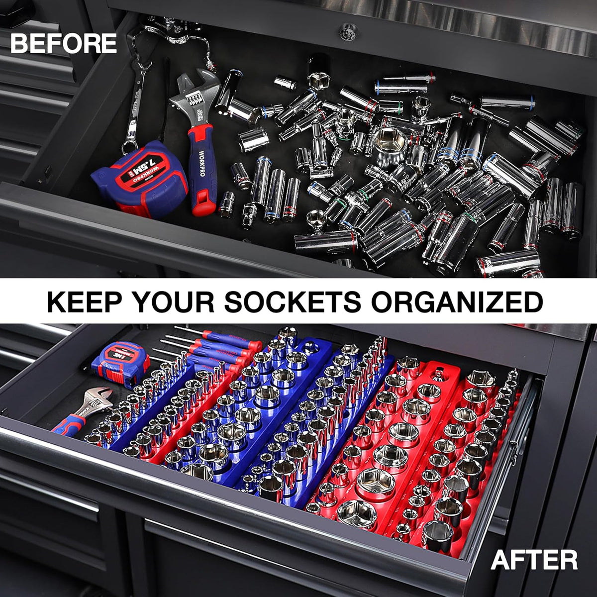Red magnetic socket organizer tray holding sockets neatly in a tool drawer