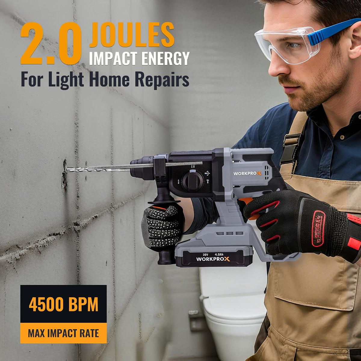WORKPROX cordless rotary hammer drill with SDS-Plus chuck and auxiliary handle