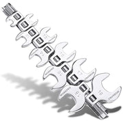Chrome-finished metric crowfoot wrench set, 10-piece, with open ends 10–19mm.