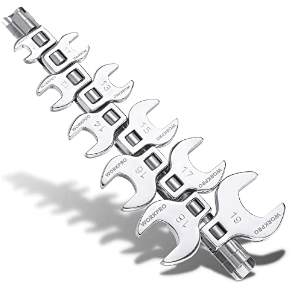 Chrome-finished metric crowfoot wrench set, 10-piece, with open ends 10–19mm.