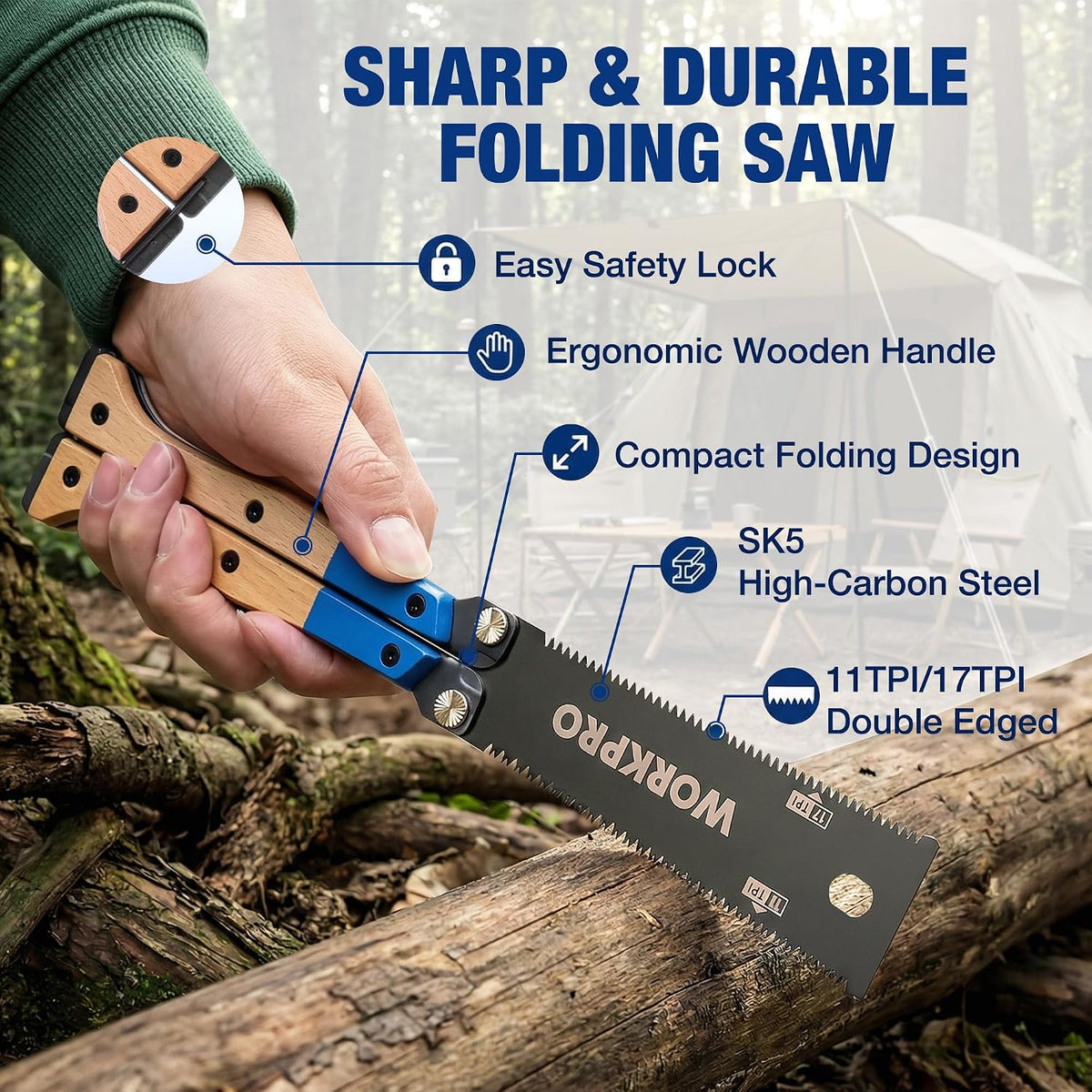 WORKPRO 6 inch folding Japanese hand saw with innovation, quality, and secure metal latch in blue and wood