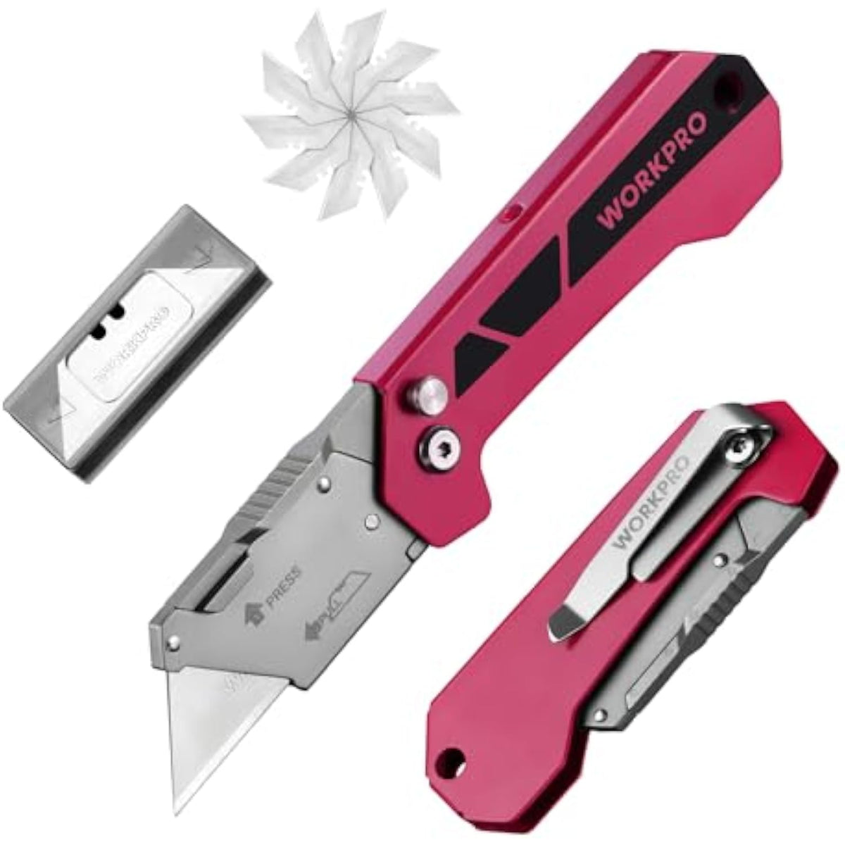 Pink folding utility knife, blade open and closed