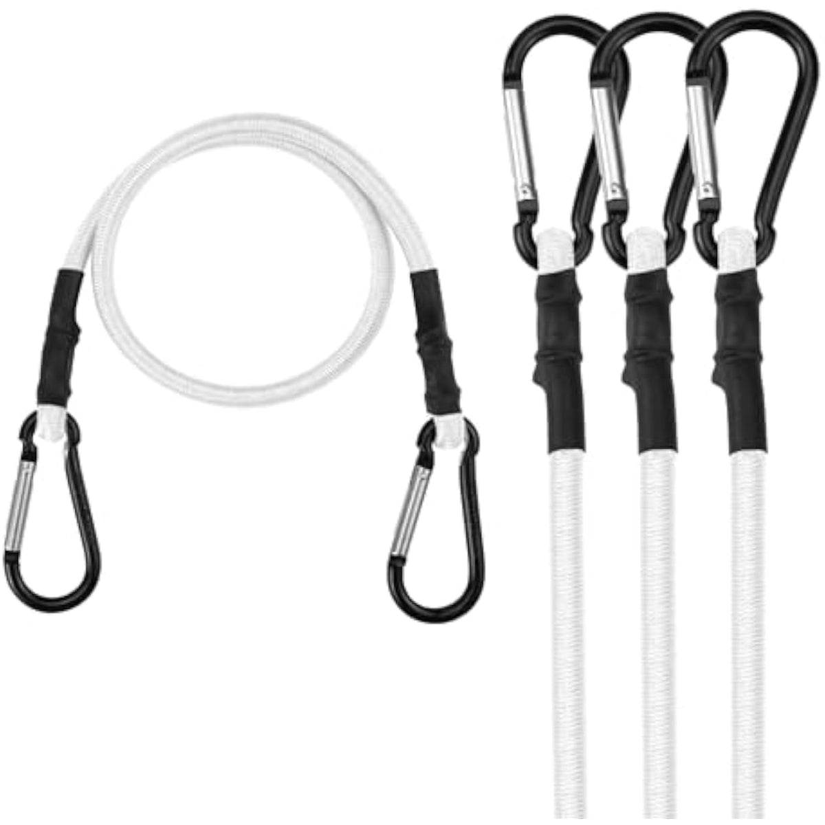 White bungee cords with black hooks and metal hardware, four-pack set