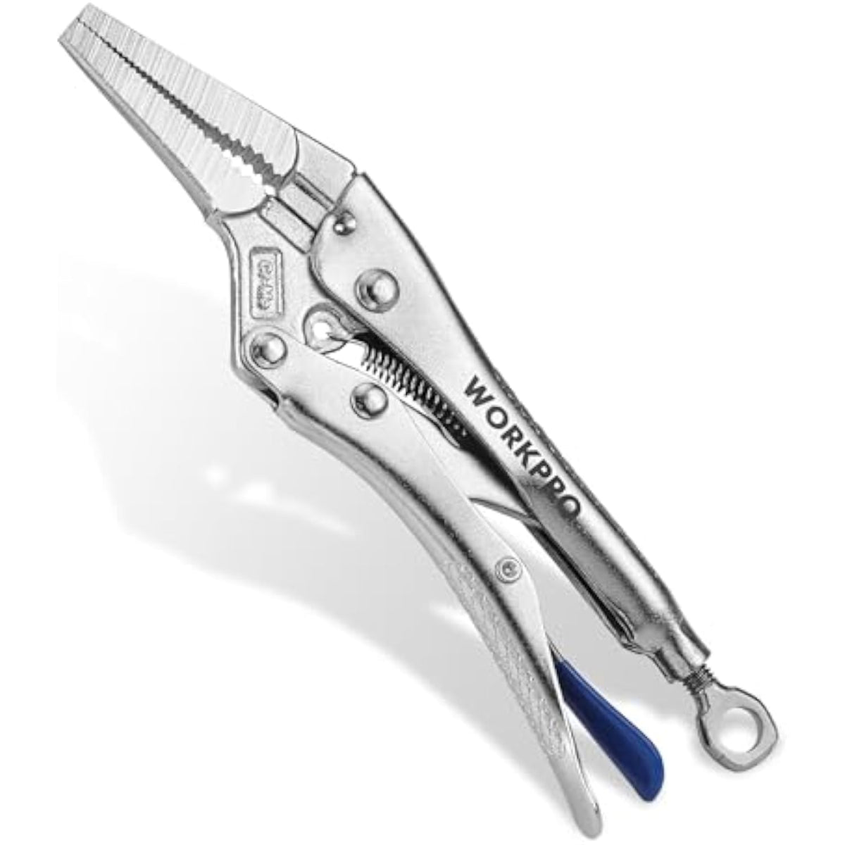 WORKPRO curved jaw locking pliers, silver steel body with blue non-slip handles