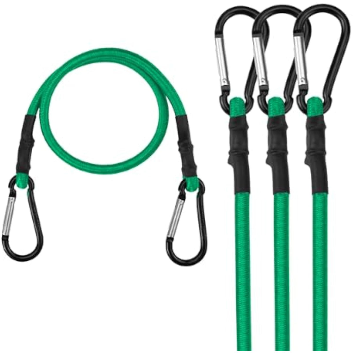 Four-pack green bungee cords with black end caps and metal hooks, grouped set.