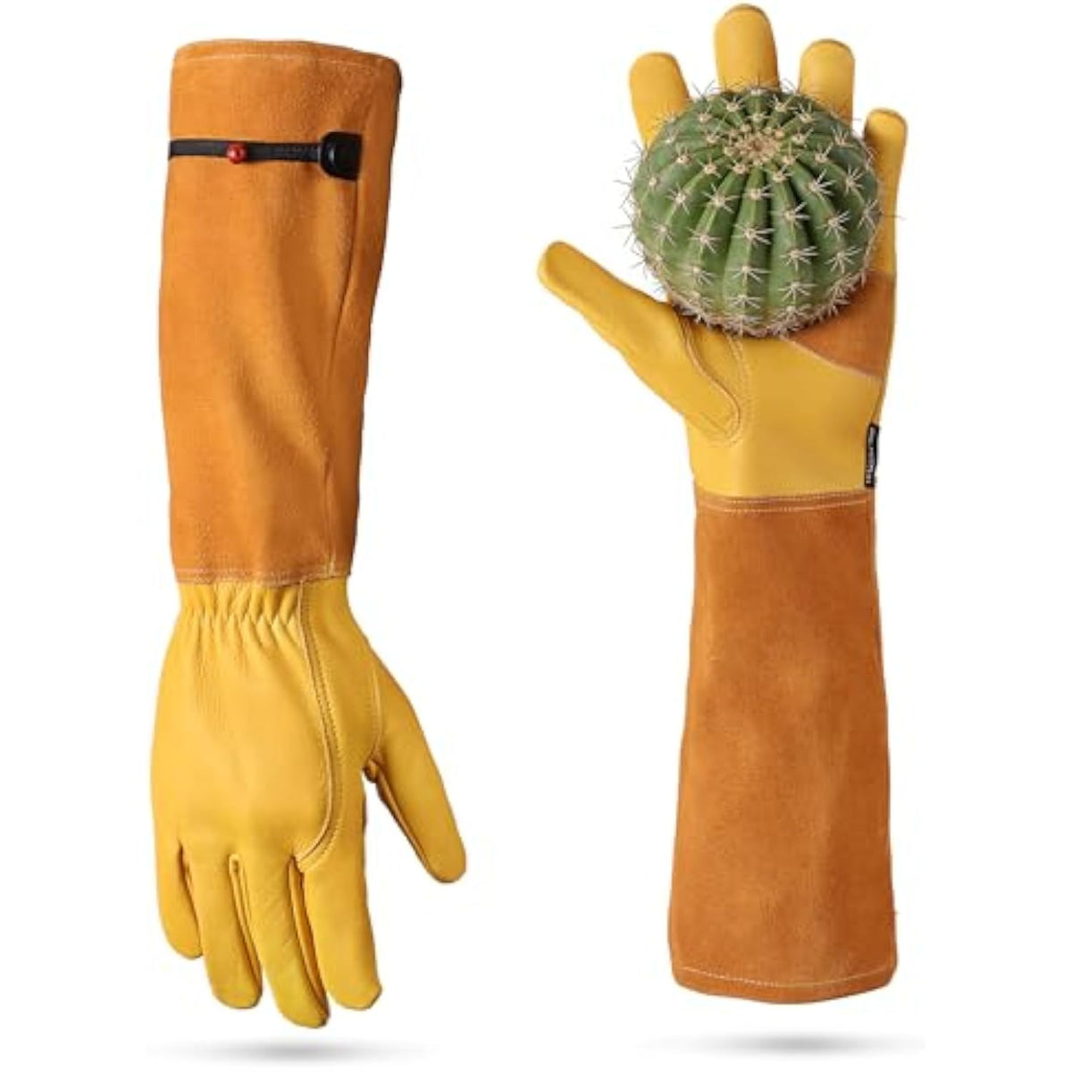 Two long gardening gloves with yellow fingers, brown leather backs, and cuff strap