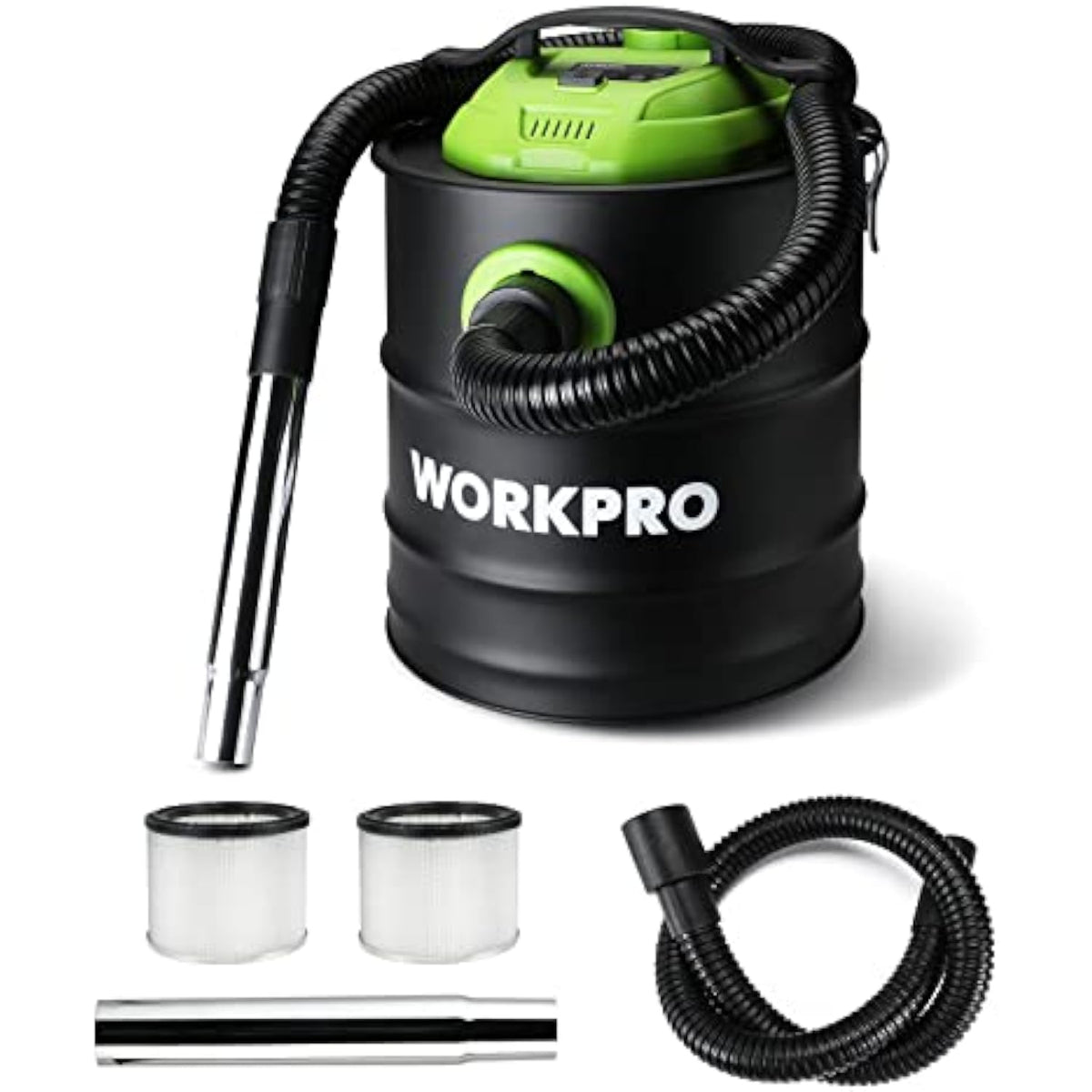 WORKPRO ash vacuum with green top, metal wand, two filters, and black hose