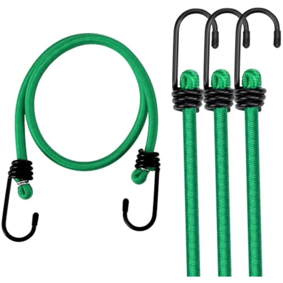 Set of green bungee cords with black S-hooks and coiled spring sections