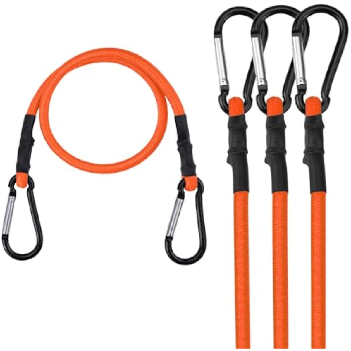 Orange bungee cords with black end grips and metal hooks, four pack.
