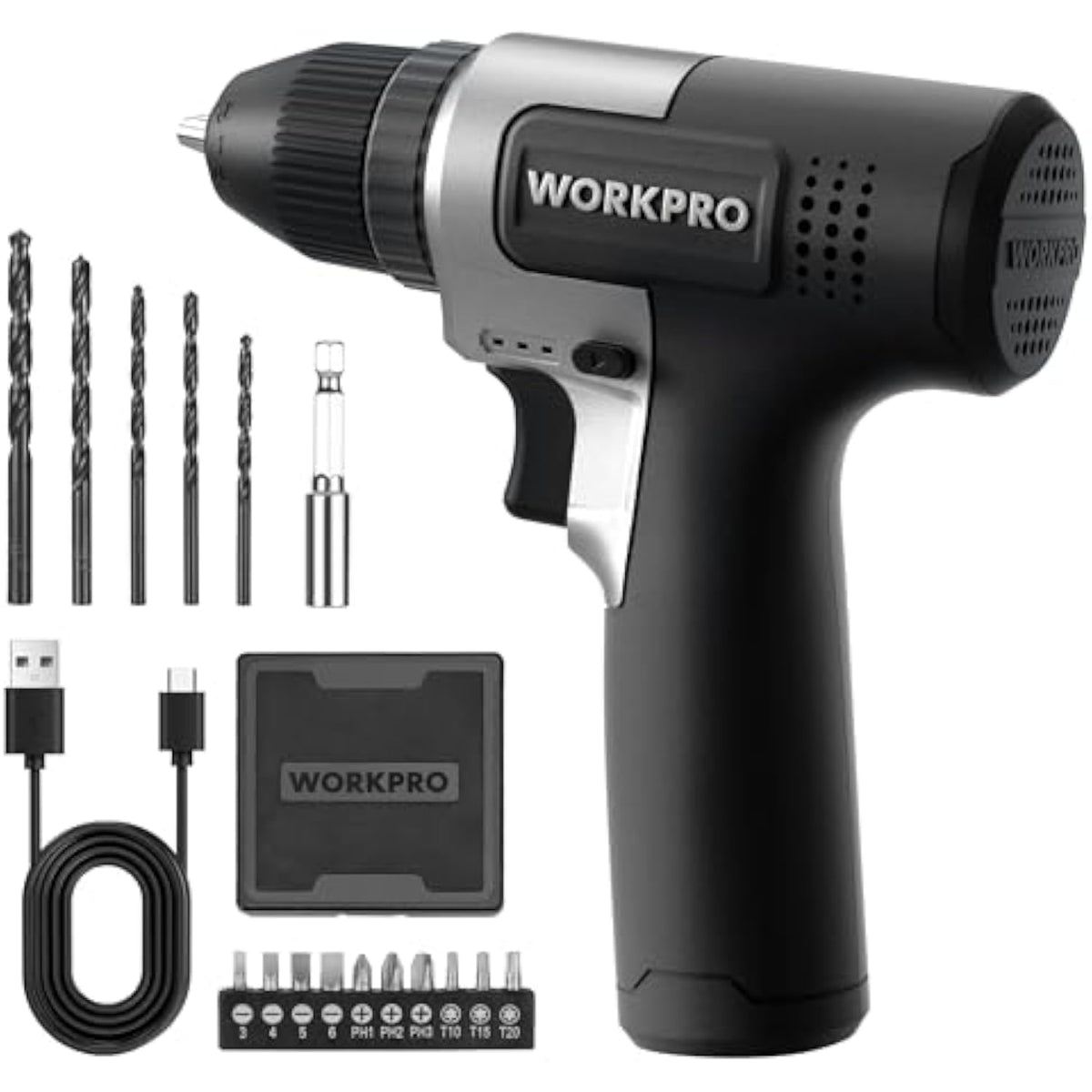 Cordless drill kit in black with drill, assorted bits, charger cable, and storage case