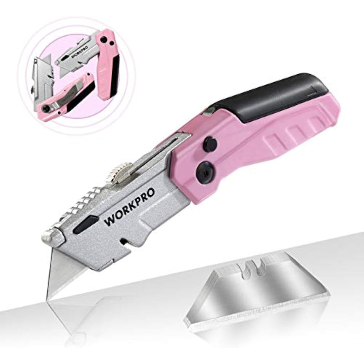 Pink folding utility knife with grey blade and inset showing blade mechanism