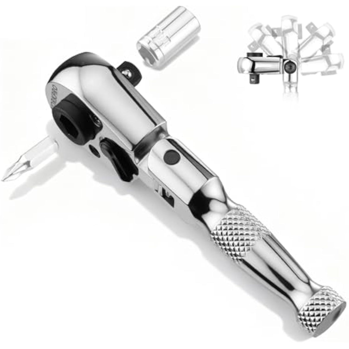 Chrome 1/4 in flex ratchet with textured grip and dual-socket head