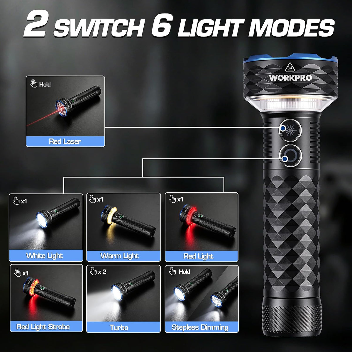 Black handheld flashlight with control buttons and bright head glow, compact design