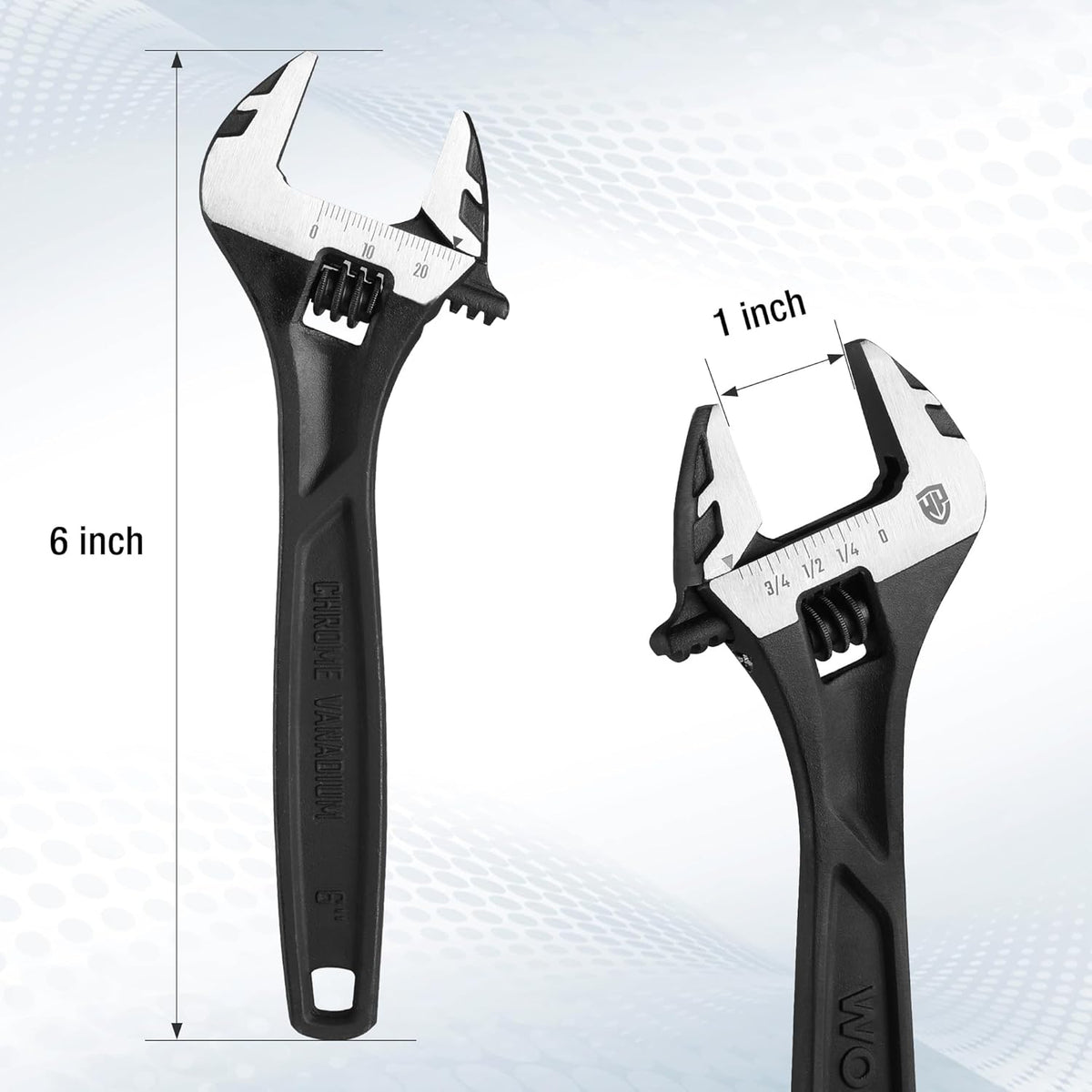 Black 6-inch adjustable wrench with measurement scale on the open jaw.