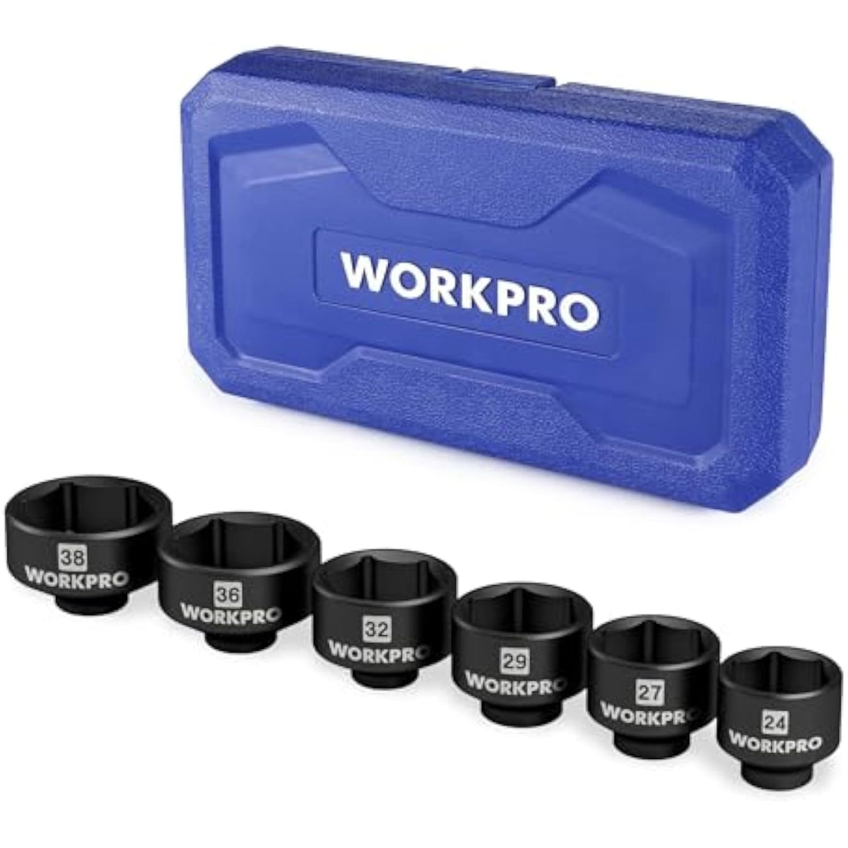 Oil filter socket wrench set in blue case with multiple black adapters labeled 24–38mm
