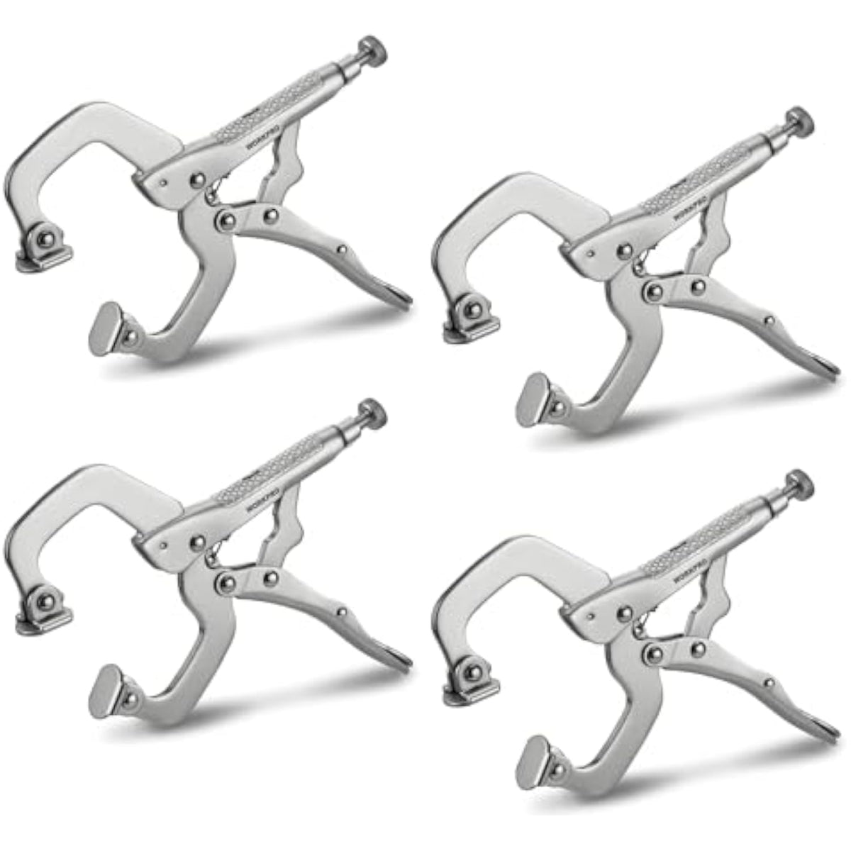 Four-view set of swivel-pad locking C-clamps with adjustable screws and gray handles