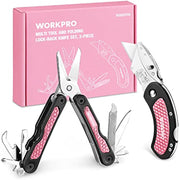 Pink WORKPRO multi-tool set box with two folding knives and textured pink grips
