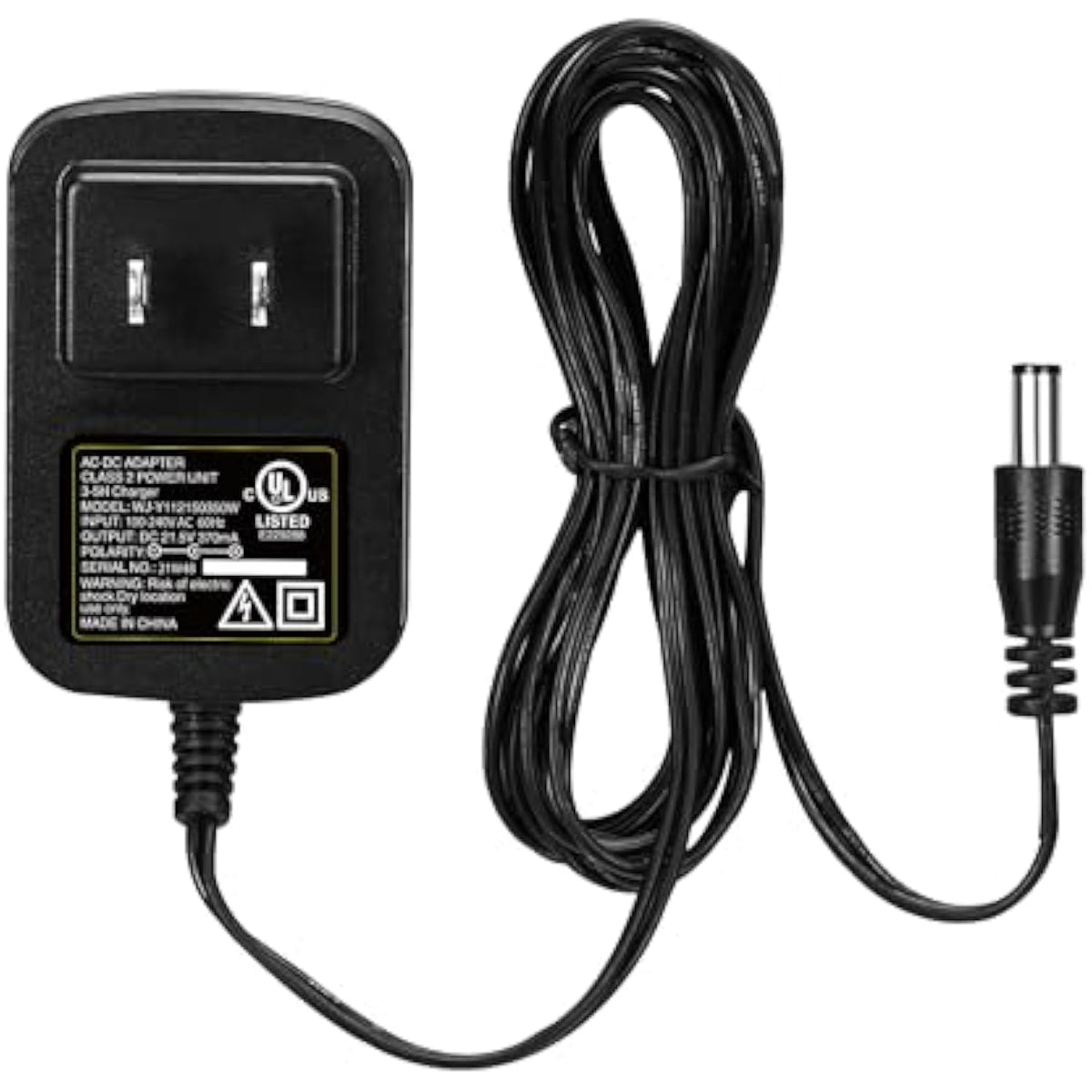 Black AC power adapter with coiled replacement charger cord and 2-prong plug
